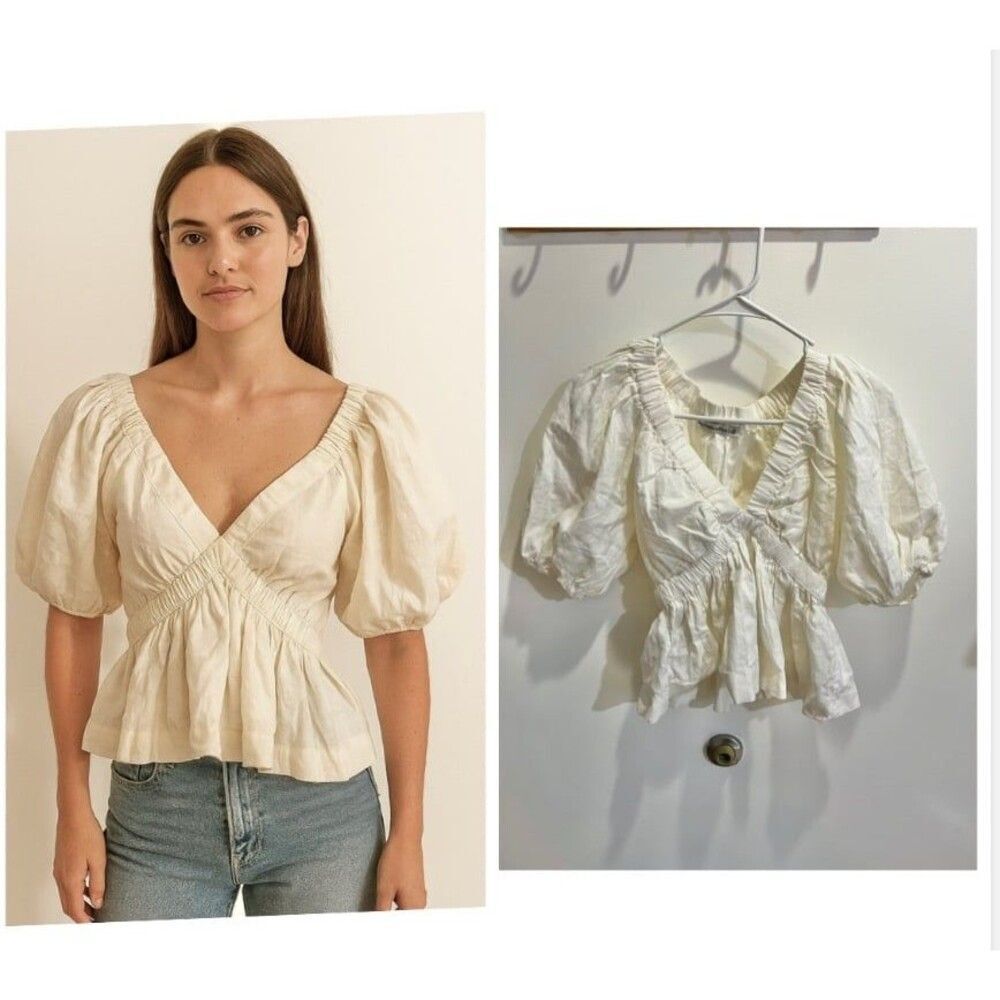Abercrombie & Fitch Women Linen Blend Peplum Top Boho Cottage Peasant Chic
